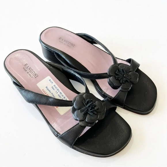 Rangoni Dalma Black Napa Leather Sandals Floral Mini Wedge Women’s Size 7.5 $170 - Picture 12 of 12